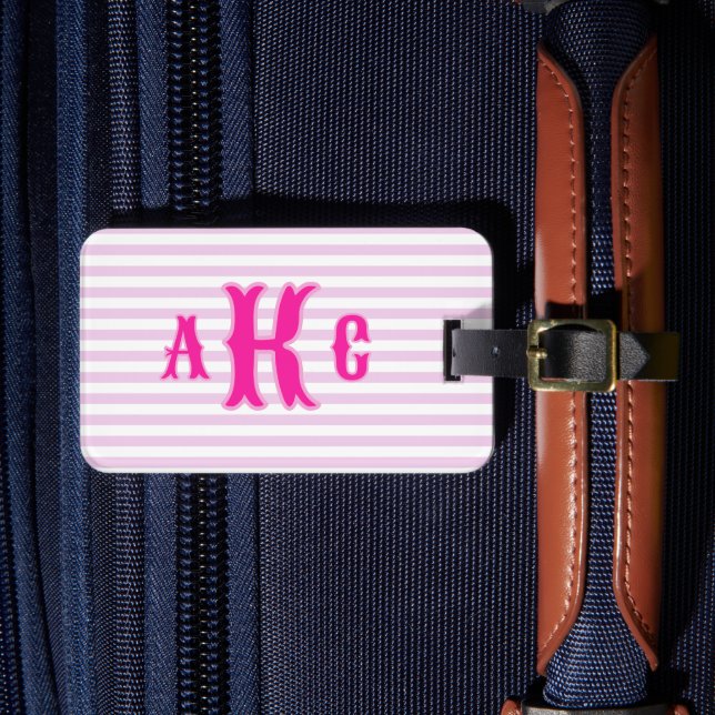 Personalised Pink Preppy Monogram Striped Girly Luggage Tag (Front Insitu 4)