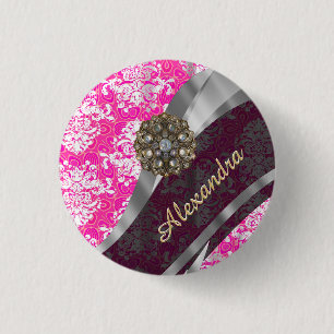 Personalised pink pretty girly damask pattern 3 cm round badge