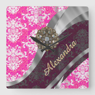Personalised pink pretty girly damask pattern square wall clock