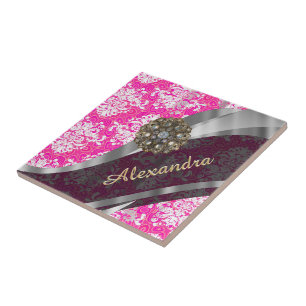 Personalised pink pretty girly damask pattern tile