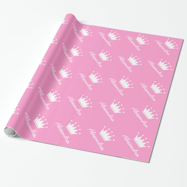 Personalised pink princess crown wrapping paper (Unrolled)