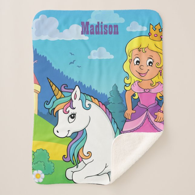 Personalised Pink Princess Unicorn Sherpa Blanket (Front)