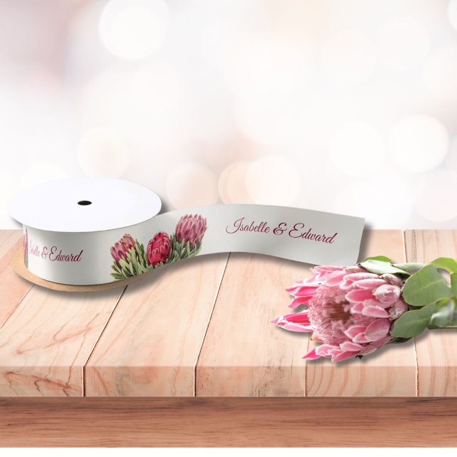 Personalised Pink Protea Floral Wedding Favour Sat Satin Ribbon (Creator Uploaded)