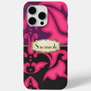 Personalised Pink Purple Black Damask Pattern iPhone 15 Pro Max Case