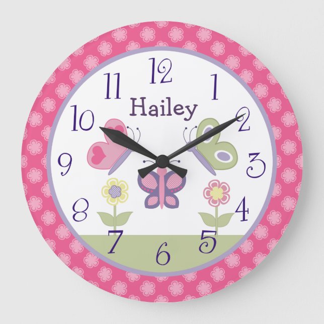 Personalised Pink & Purple Butterfly Nursery Clock (Front)