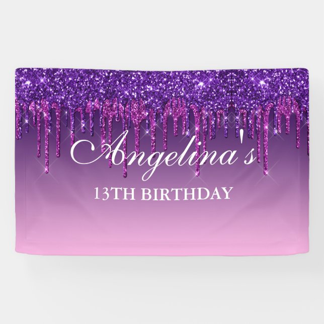 Personalised Pink Purple Dripping Glitter Birthday Banner (Horizontal)