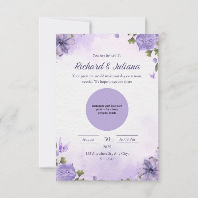 Personalised Pink & Purple Floral Photo Wedding  Invitation (Front)