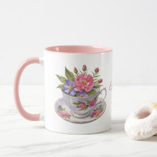 Personalised Pink Purple Flowers Tea Cup Mug