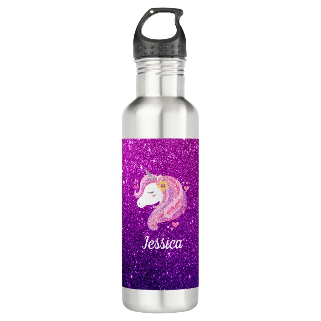 Personalised Pink Purple Glitter Unicorn Face 710 Ml Water Bottle (Front)