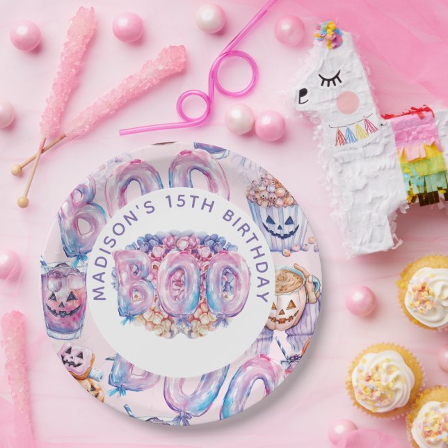 Personalised Pink Purple Halloween Boo Paper Plate (Party)
