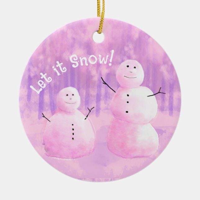 Personalised Pink Purple Snowman Ceramic Tree Decoration (Front)