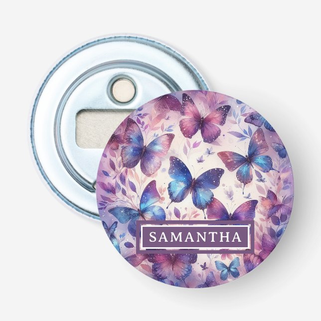 Personalised Pink Purple Watercolor Butterfly Bottle Opener (Front)