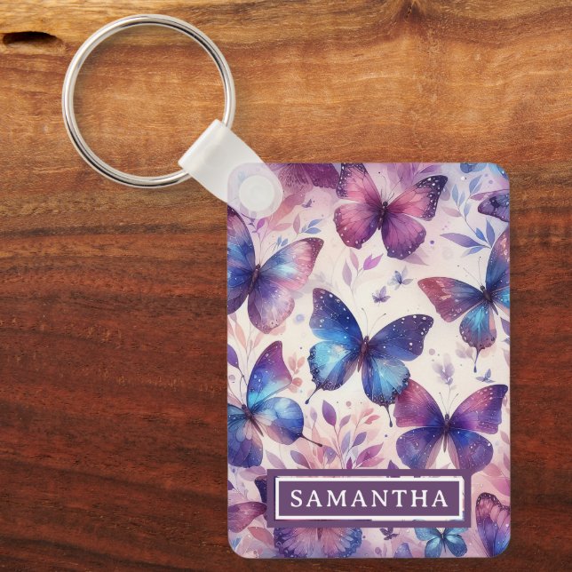 Personalised Pink Purple Watercolor Butterfly Key Ring (Front)