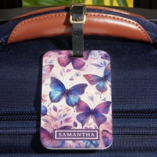 Personalised Pink Purple Watercolor Butterfly Luggage Tag