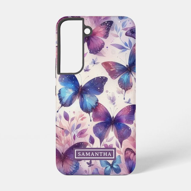Personalised Pink Purple Watercolor Butterfly Samsung Galaxy S22 Case (Back)