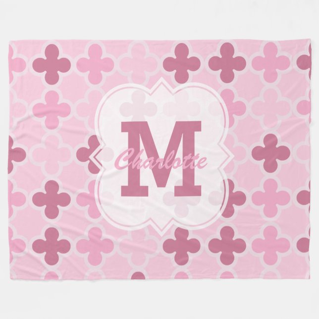 Personalised Pink Quatrefoil Pattern Fleece Blanket (Front (Horizontal))