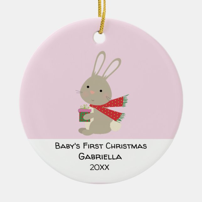 Personalised Pink Rabbit Babys First Christmas Ceramic Tree Decoration (Front)