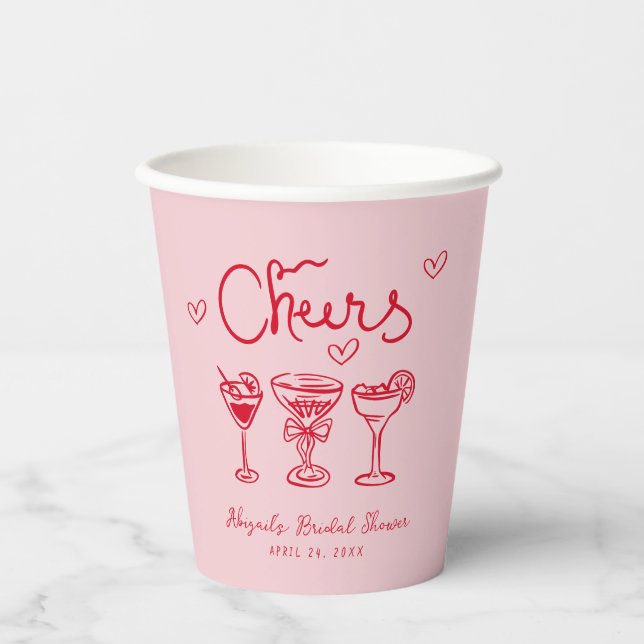 Personalised Pink Red Cheers Retro Bridal Shower Paper Cups (Front)