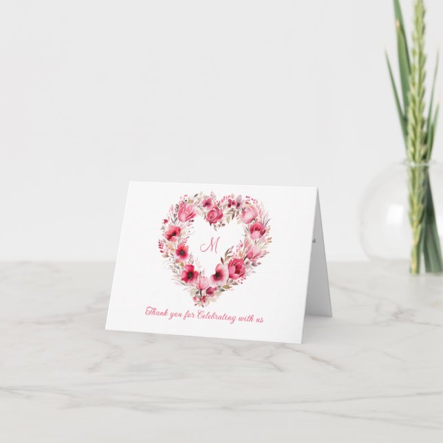 Personalised Pink Red Floral Heart Wedding Thank You Card (Front)
