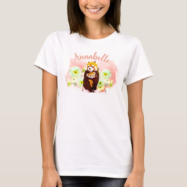 Personalised Pink Red Panda Mum Baby T-shirt (Front)