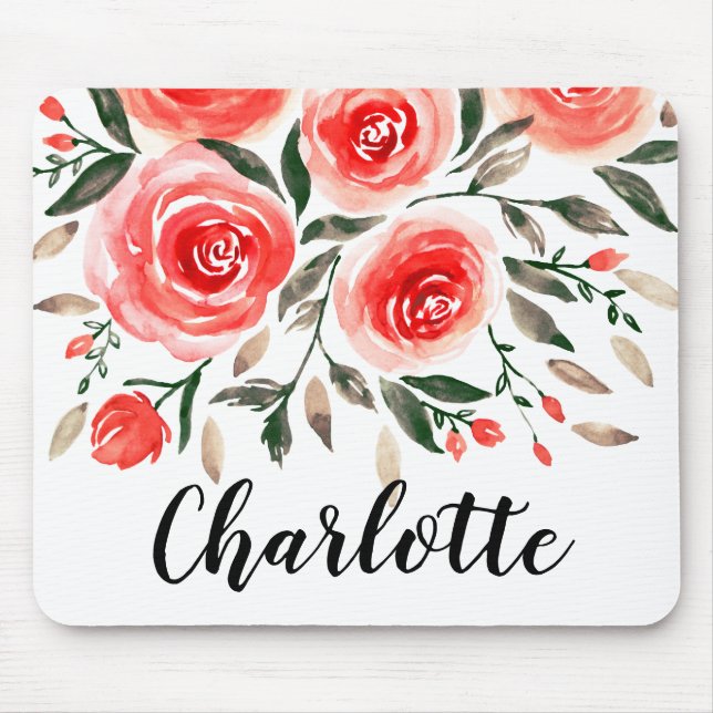 Personalised Pink Red Watercolor Roses Floral Mouse Mat (Front)