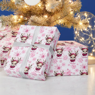 Personalised Pink Reindeer and Snowflake Pattern Wrapping Paper