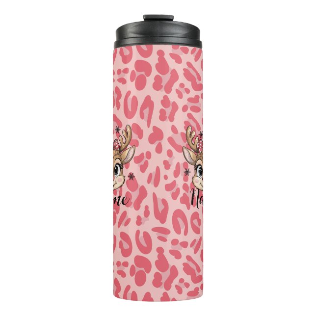 Personalised pink reindeer thermal tumbler (Front)