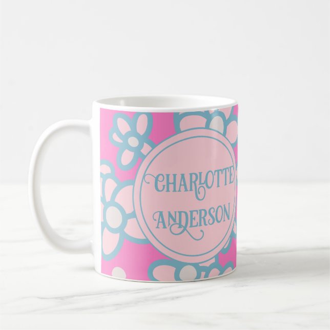 Personalised Pink Retro Flower Coffee Mug (Left)