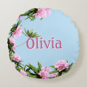 Personalised Pink Rhododendron Floral Name Round Cushion