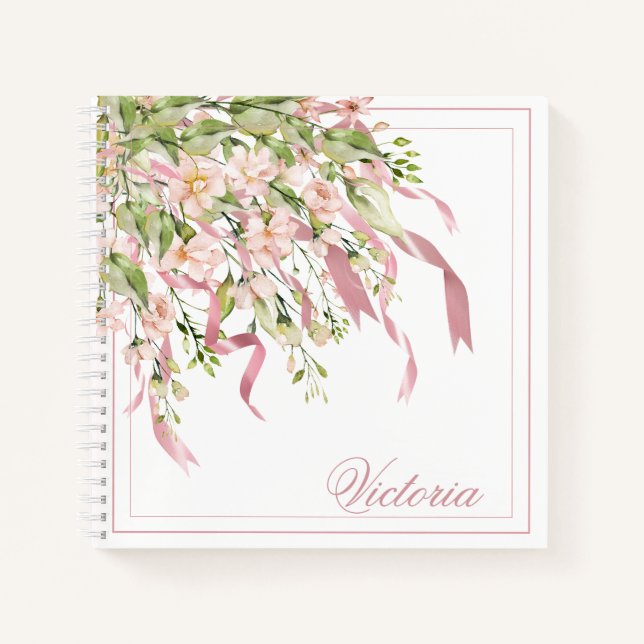 Personalised Pink Ribbons Greenery Elegant Name Notebook (Front)