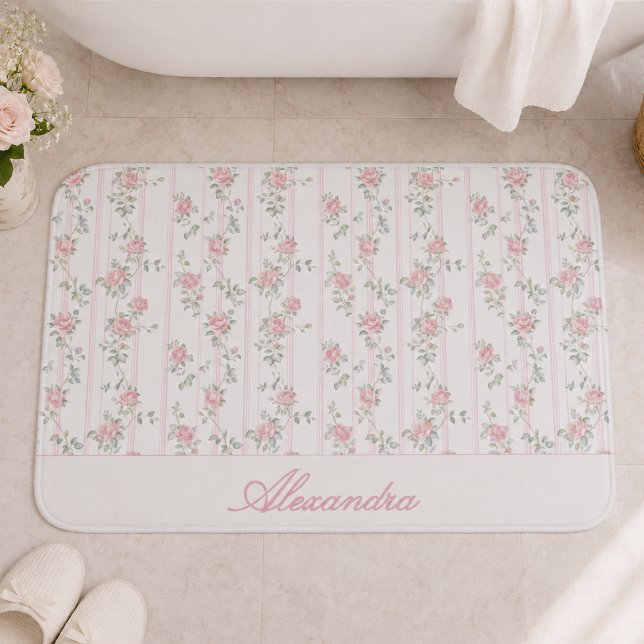 Personalised Pink Rose Floral Bath Mat (pretty pink coquette grandmillennial floral bath mat with custom monogram name in calligraphy script)