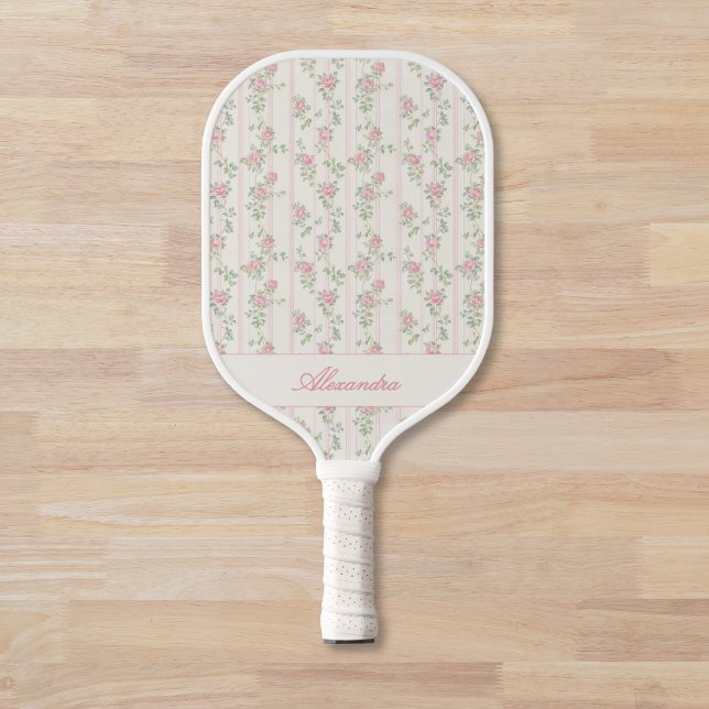 Personalised Pink Rose Floral  Pickleball Paddle (elegant grandmillennial pink coquette floral rose pickleball paddle with custom monogram name)