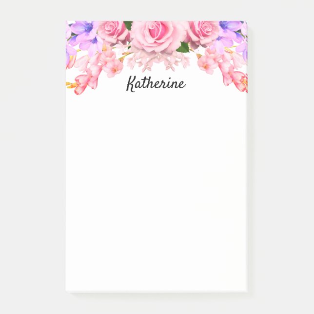 Personalised Pink Rose Floral Post-It Notes (Front)