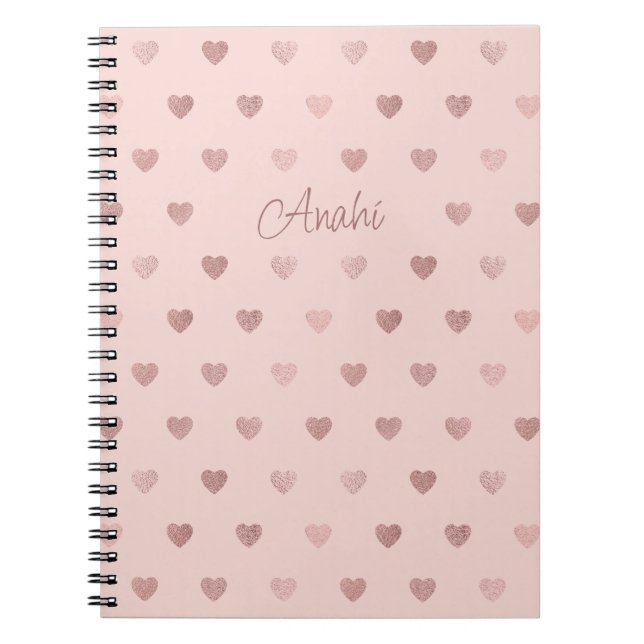 Personalised Pink Rose Gold Polka Dot Hearts Notebook (Front)