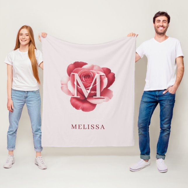 Personalised Pink Rose Monogram Name Elegant Cream Fleece Blanket (In Situ)
