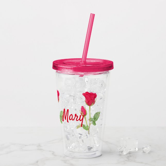 Personalised pink rose pink acrylic tumbler (Back Ice)