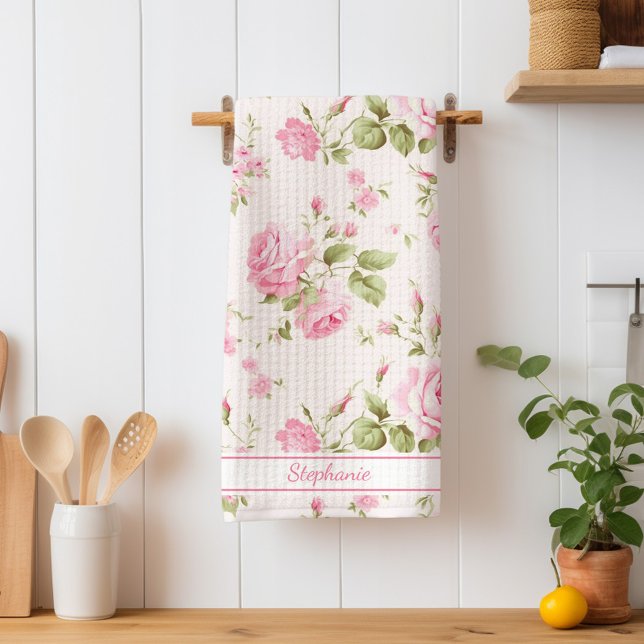 Personalised Pink Rose  Tea Towel (Creator Uploaded)