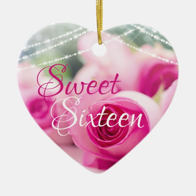 Personalised Pink Roses and Lights Sweet Sixteen Ceramic Tree Decoration (Front)