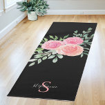 Personalised Pink Roses Black Yoga Mat<br><div class="desc">This stylish yoga mat is decorated with a watercolor bouquet of roses and foliage in shades of pink,  coral,  and green on a black background. 
Easily customisable with your name and monogram,  this yoga mat is unique to you.
Original Watercolor © Michele Davies.</div>