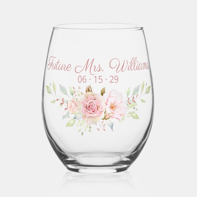 Personalised Pink Roses Bridal Drinkware Set Stemless Wine Glass (Front)