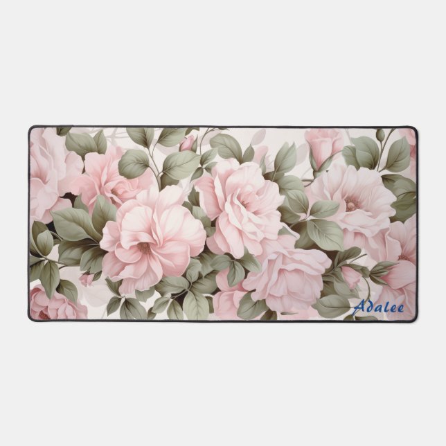 Personalised Pink Roses Floral Desk Mat (Front)