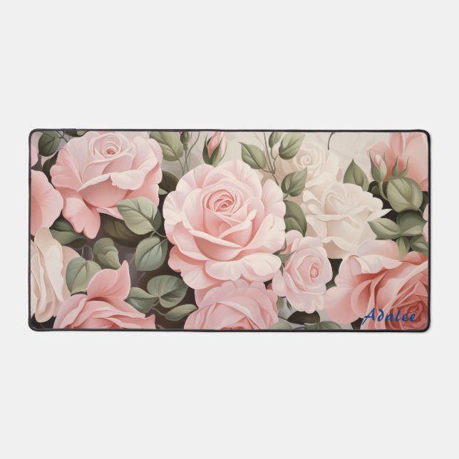 Personalised Pink Roses Floral Desk Mat (Front)