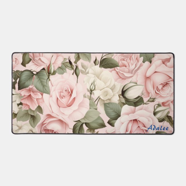 Personalised Pink Roses Floral Desk Mat (Front)