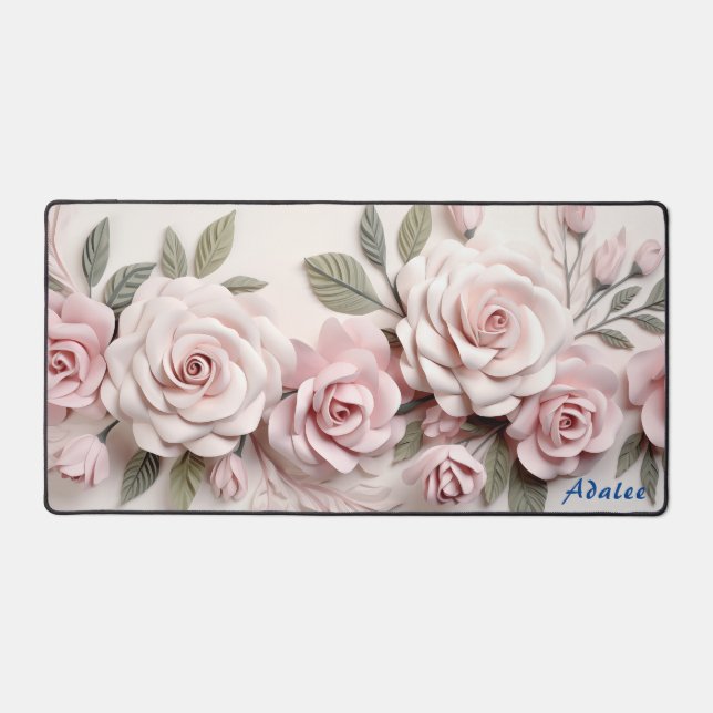 Personalised Pink Roses Floral Desk Mat (Front)