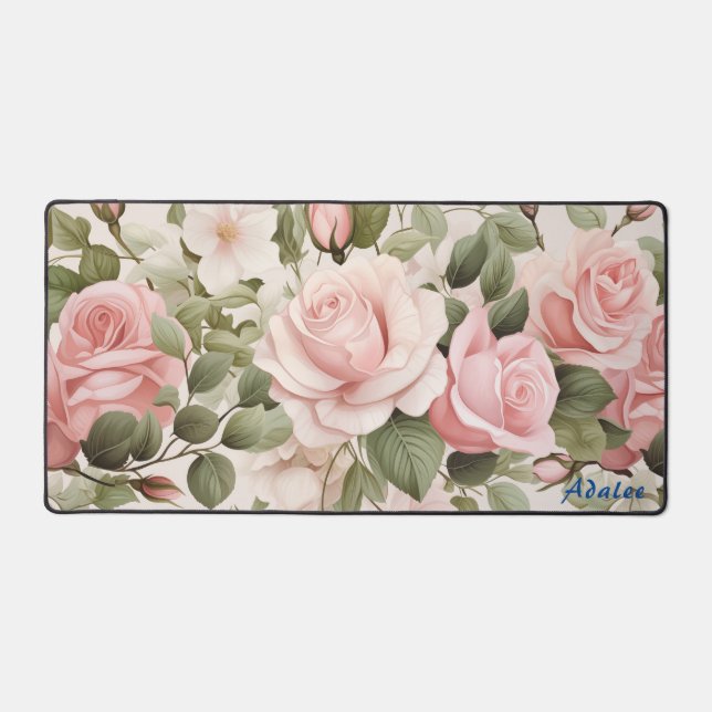 Personalised Pink Roses Floral Desk Mat (Front)
