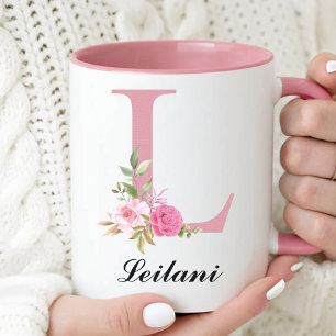 Personalised Pink Roses Monogram Mug Gift for Her