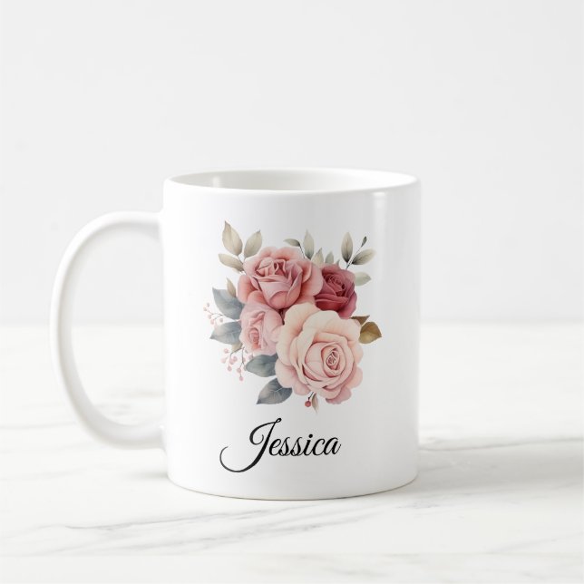 Personalised Pink Roses Mug – Custom Name Floral D (Left)