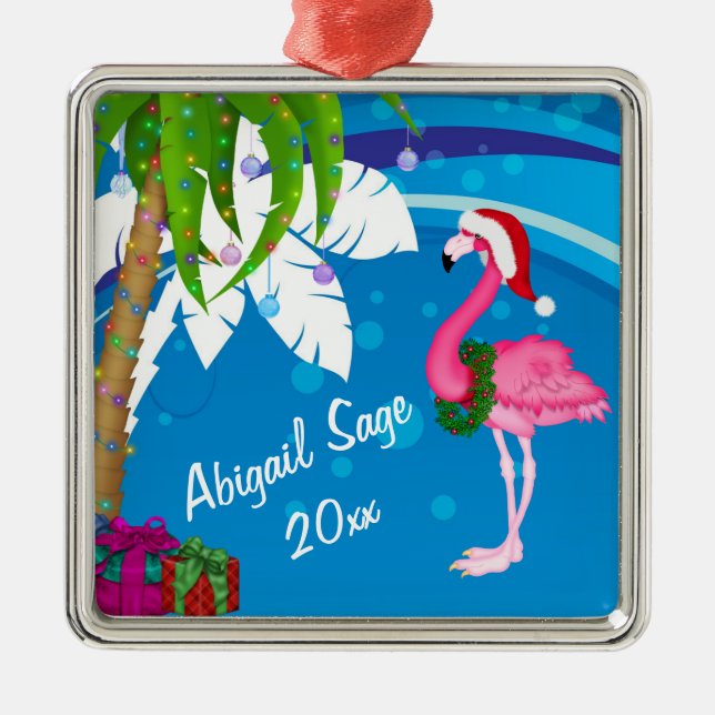 Personalised Pink Santa Flamingo Beach Christmas Metal Tree Decoration (Front)
