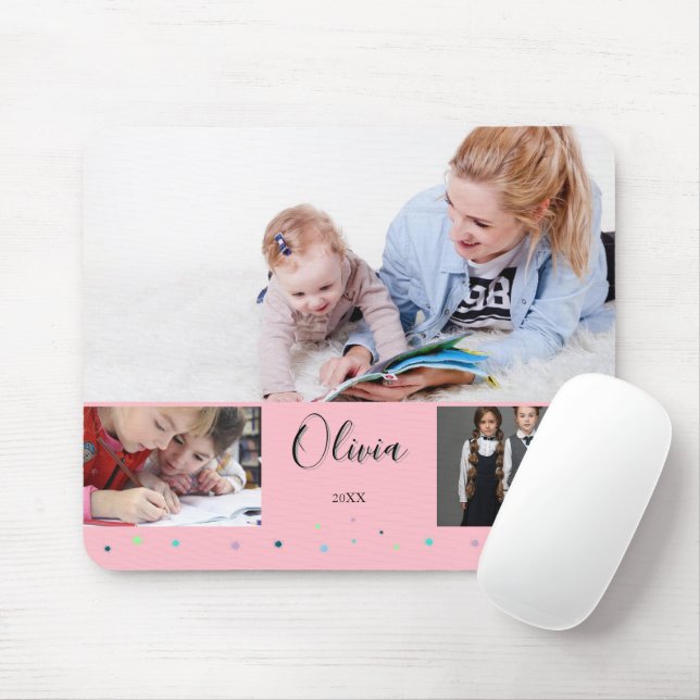 Personalised Pink School Photo Collage Name Mouse Mat (With Mouse)