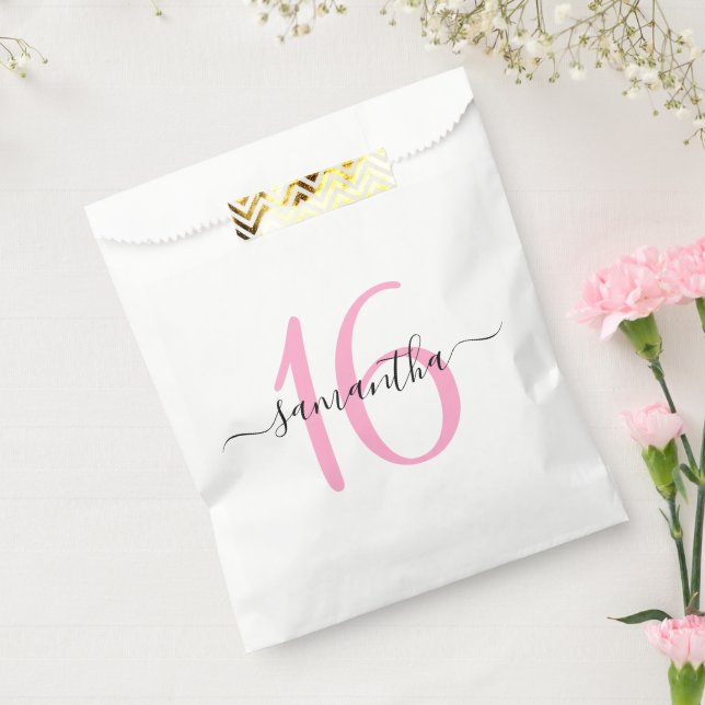 Personalised Pink Signature Script Sweet 16 Favour Bags (Sealed)